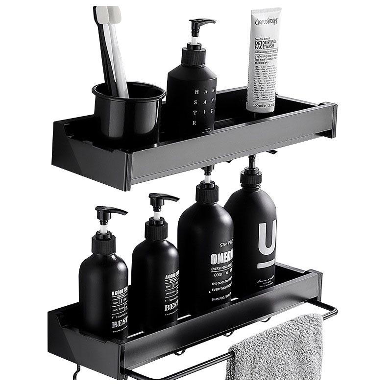 Bathroom Organizer Shelf with Hooks | Self-Adhesive Black Bathroom Storage Rack