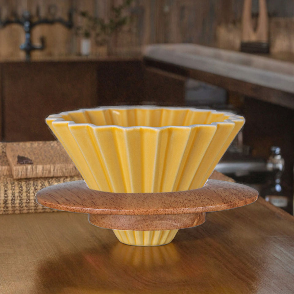 Ceramic Coffee Drip Cup with Wooden Cup Holder - Slow Brewing Accessory for 1-2 Cups in Box