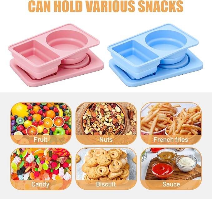 Reusable Silicone Snack Containers with Lid, Double Compartment Snack Box, Silicone Spice Container with Lid