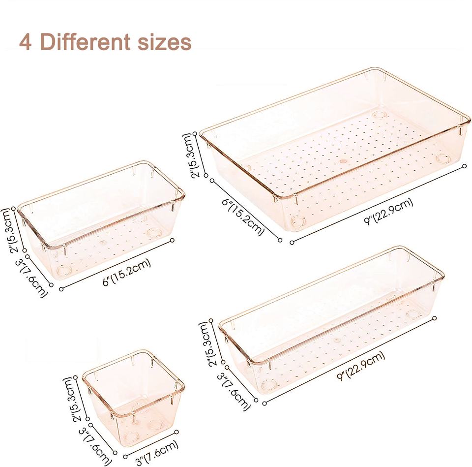 Stackable Clear Acrylic Kitchen Accessory Plastic Drawer Organizer Set of 4 Different Sizes for Cosmetics and Jewelry
