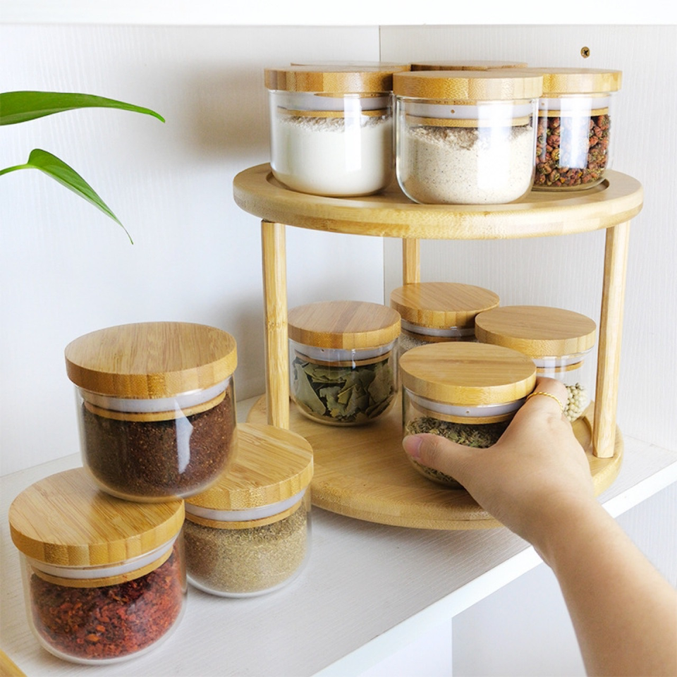 Rotating Bamboo Storage Rack with 360° Swivel Base, Space-Saving, Modern Design, Portable Holder for Kitchen/Living Room/Office