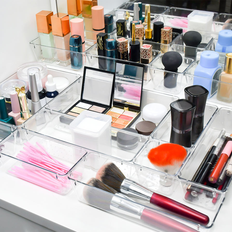 Clear Plastic Drawer Storage Boxes Organizer Set for Utensils/Stationery/Makeup Items