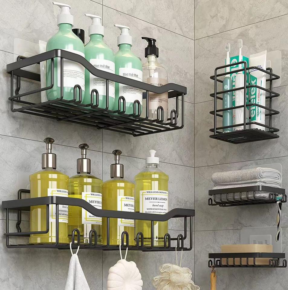 Bathroom Organizer Rack Self-Adhesive Black Wall Shelf Storage Basket