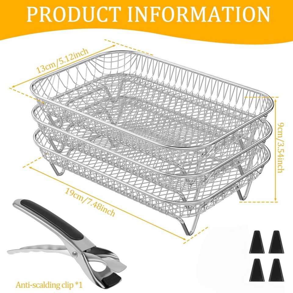 Stainless Steel Air Fryer Accessory Set - French Fries Basket, Grill Rack, Chip Rack, Oven BBQ/Baking Net