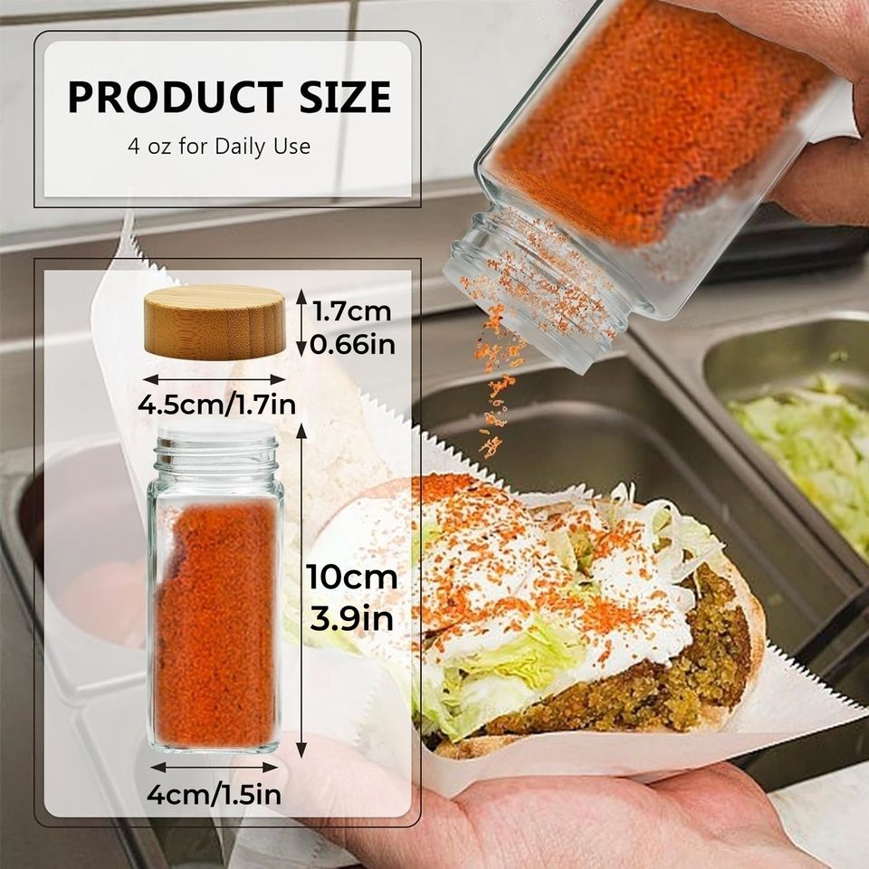 Glass Spice Jars Set with Country-Style Labels, 120 ml (4 oz) Glass Spice Jar with Bamboo Lid for Kitchen Food Storage