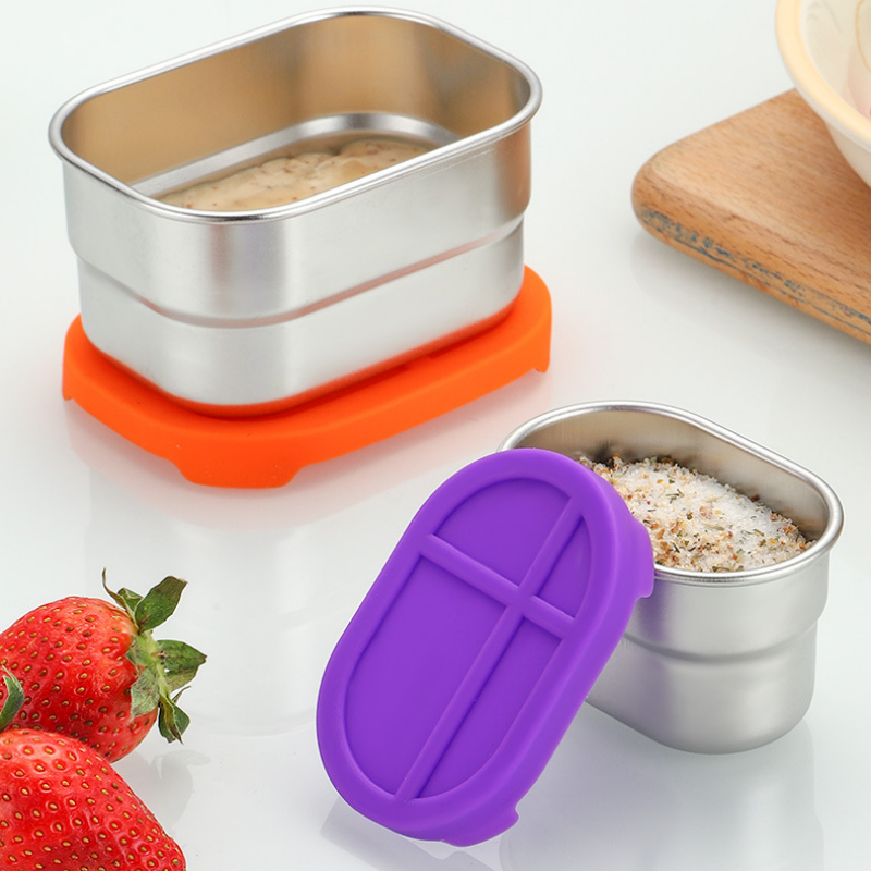 Stainless Steel 304 Rectangular Leakproof Sauce-Dipping Container with Silicone Lids for School, Camping, and Kitchen