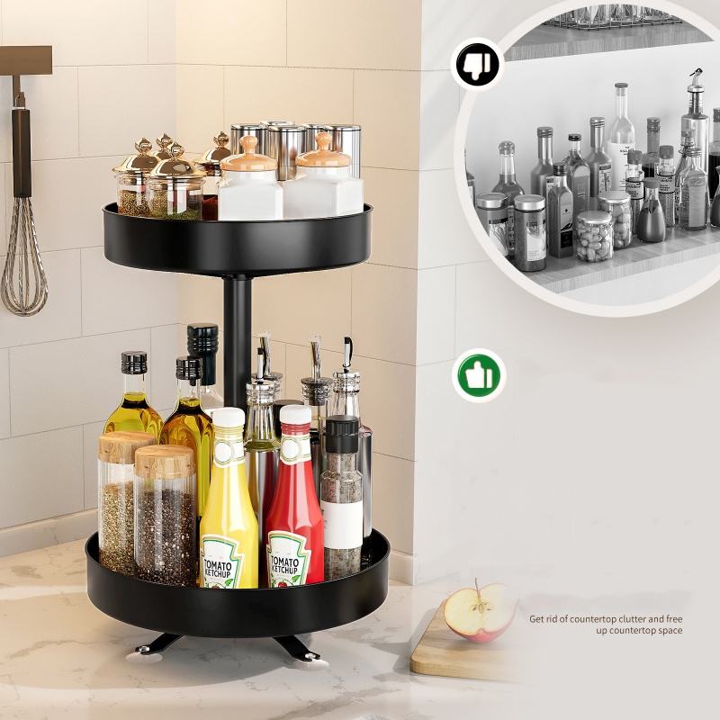 360° Rotating 2-Layer Metal Kitchen Organizer Spice Rack Multifunctional Home Storage Cabinet Shelf