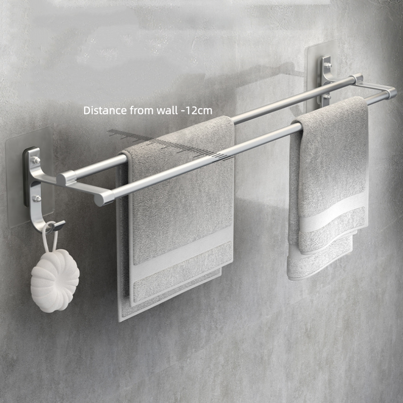 Modern Drill-Free Aluminum Double Rod Wall Towel Rack with Shelf for Bathroom and Toilet Bathroom Shelves