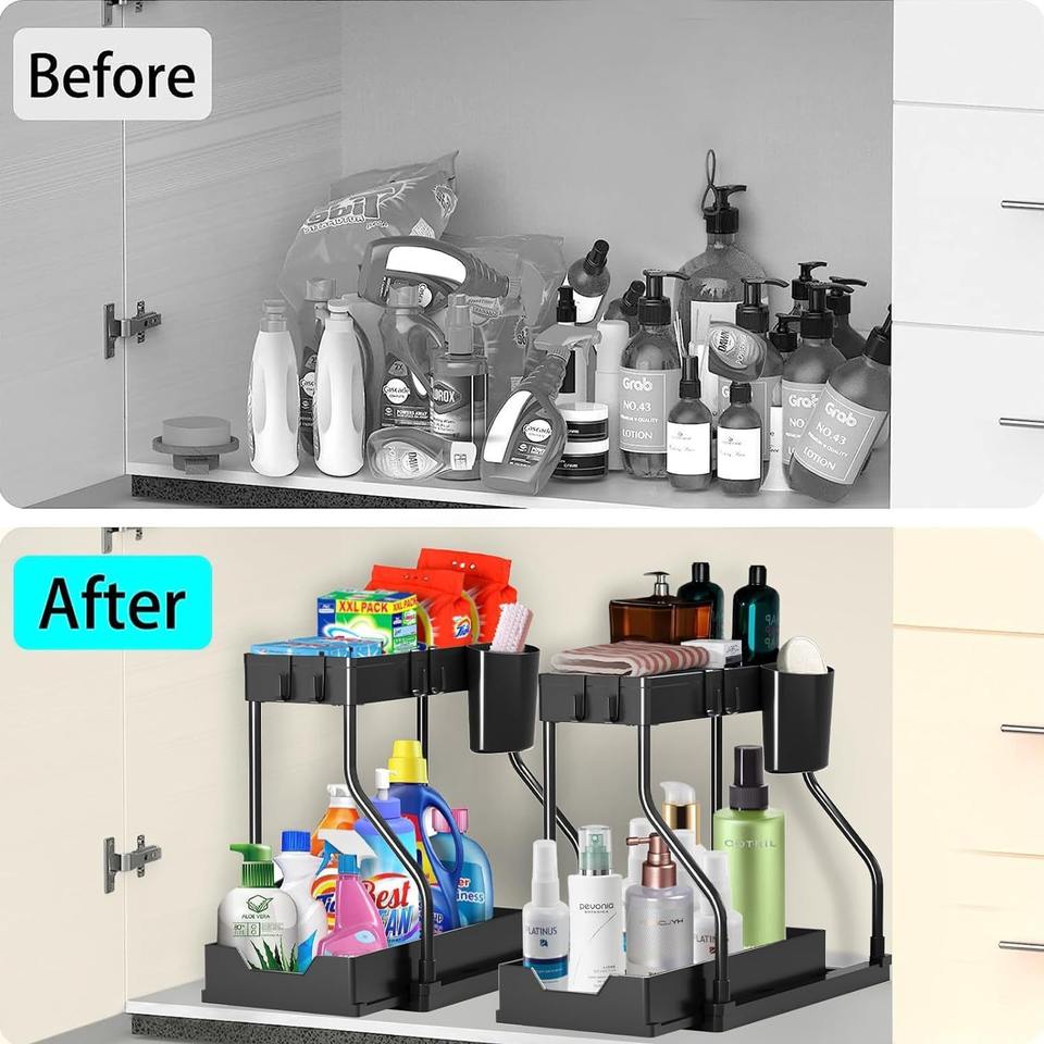 2-Layer Under-Sink Organizer with Extendable Kitchen Shelf and 4 Hooks Multifunctional Sink Storage for Bathroom, Under Kitchen Sink