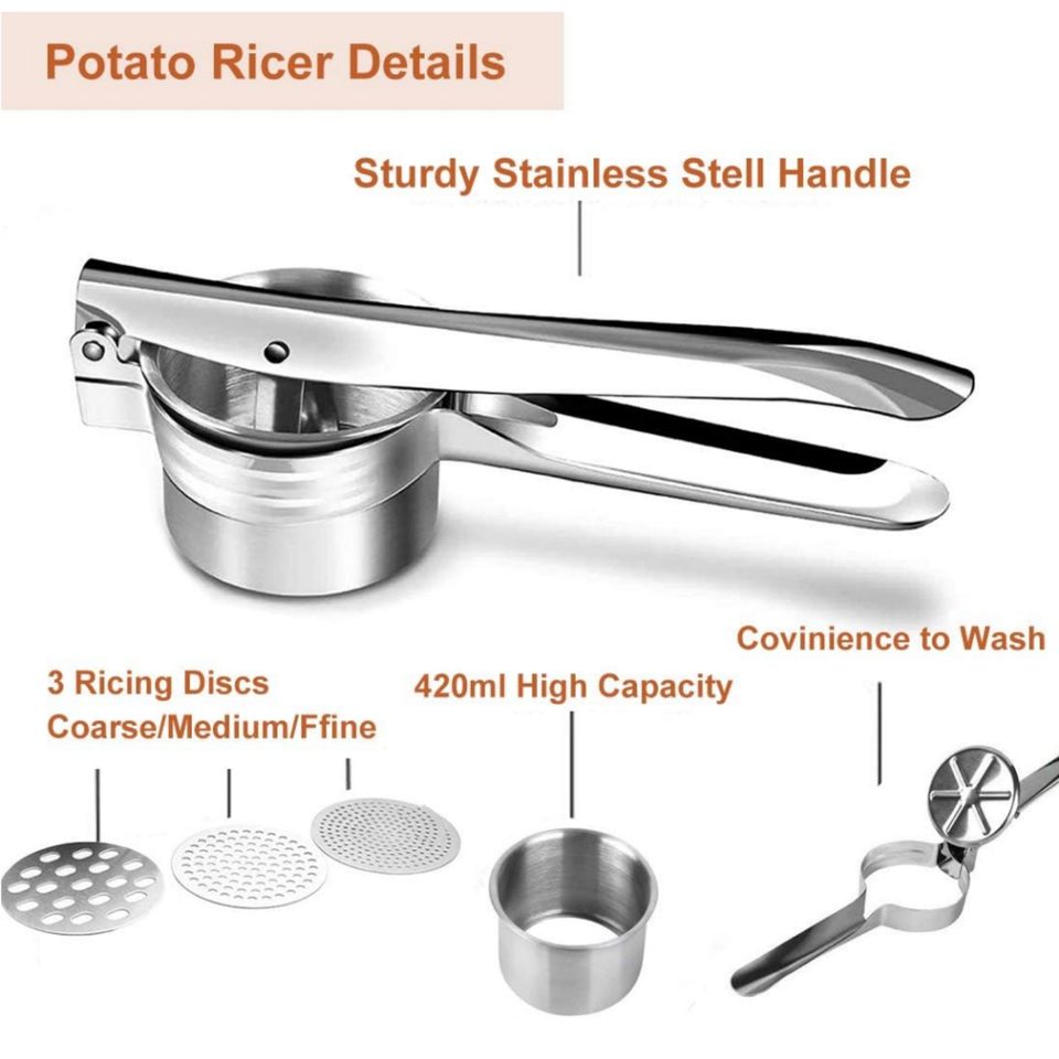 Portable Stainless Steel Potato Masher with 3 Interchangeable Discs - Easy-to-Use Crushing Tool for Home Use