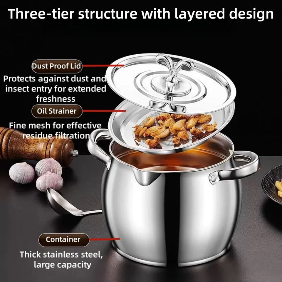 Stainless Steel Kitchen Sieve Pot with Large Capacity and Removable Fine Mesh, Double-Handled for Grease Bacon Fat Storage Slard Ghee