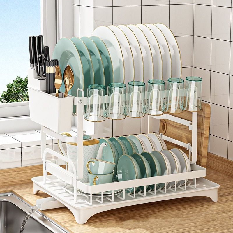 Kitchen Counter Dish Rack with Utensil Holder, Space-Saving 2-Tier Dish Drying Rack for Kitchen, Large Capacity