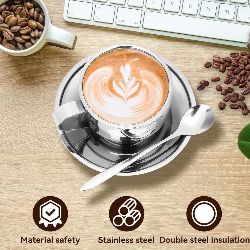Modern Stainless Steel Espresso Cup Set with Durable Cup and Spoon