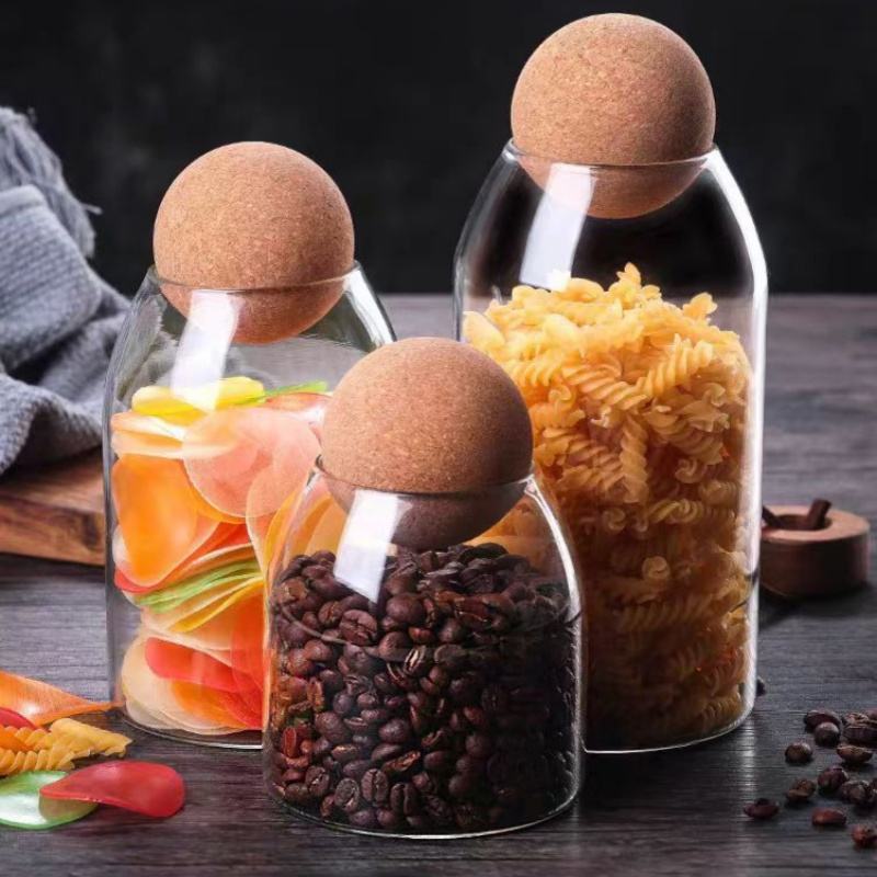 Round Cork Glass Storage Jars Set, Coffee Bean Canister, Kitchen Grain Storage Canister, Moisture-Resistant Storage Bottle