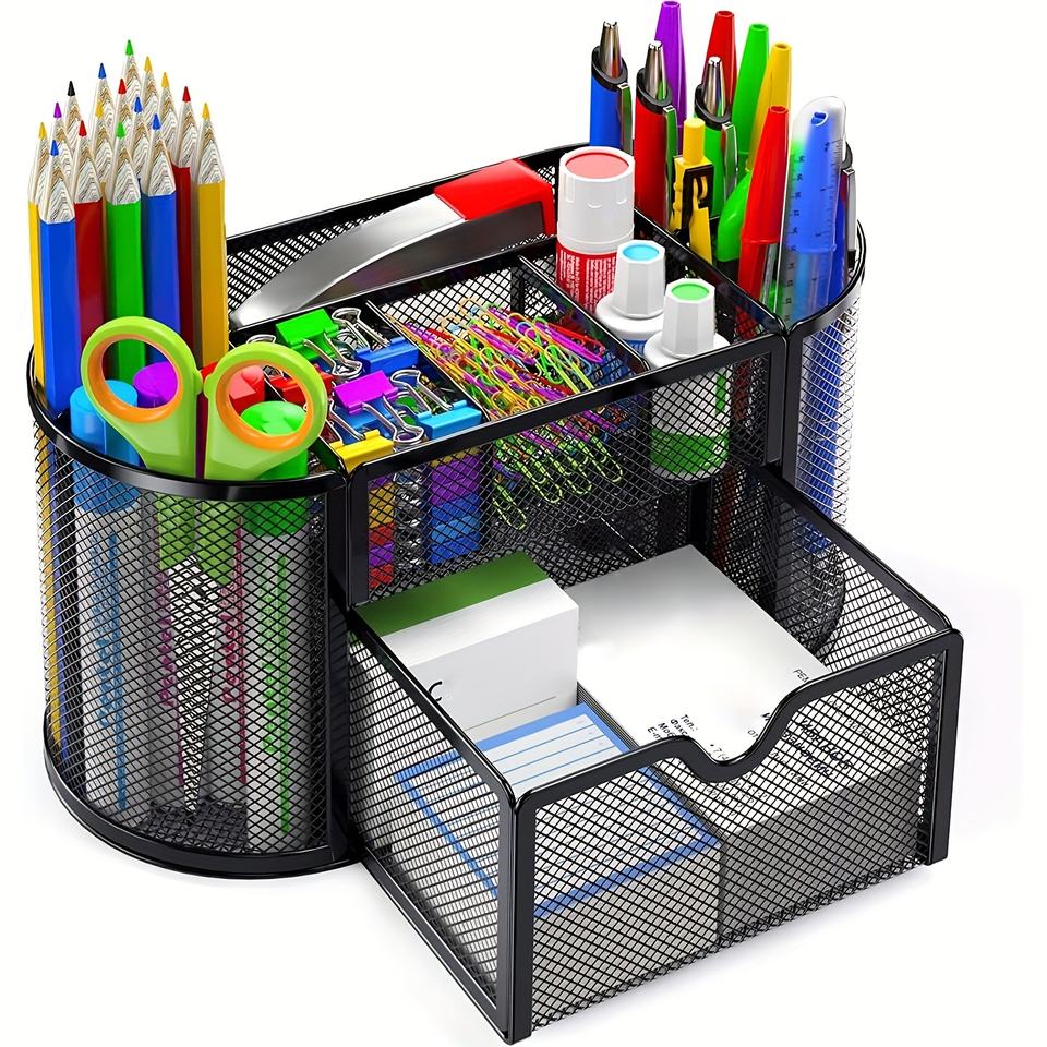 Creative Metal Desk Storage Box with Drawer and 9-Compartment Network Design Pen Holder