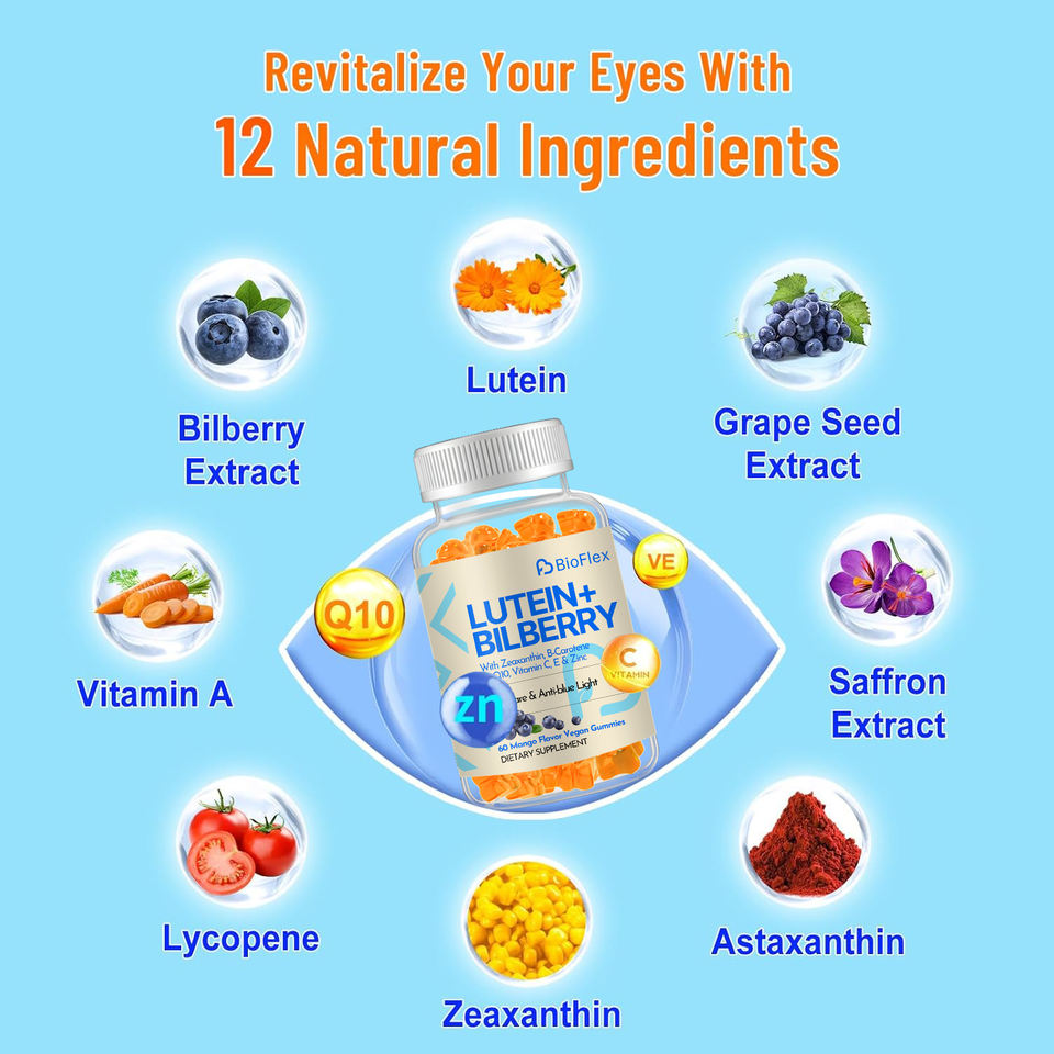 BioFlex Natural Mango Flavored Sugar-Free 12-in-1 Kids' Bear Gummies with Blueberry, Lutein, Bilberry, and Zeaxanthin Eye Health Supplements