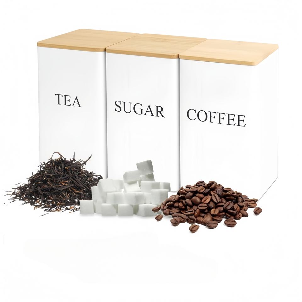 Metal Tea, Coffee, and Sugar Canister Set - Kitchen Countertop Organizer