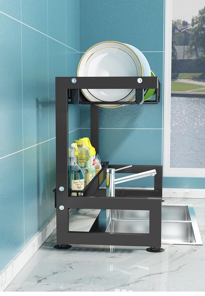 Large Dish Drying Rack for Kitchen Countertop with Multiple Baskets Cutlery Sponge Sink Rack 2 Tier Black