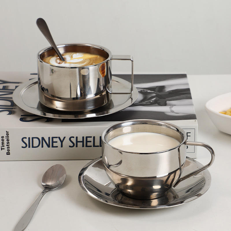 Stainless Steel Coffee Cup Set with Spoons and Tray, Double-Walled Espresso Cups, Suitable for Coffee, Latte