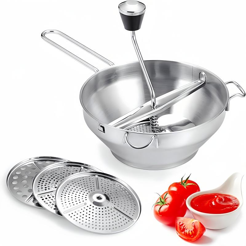 Stainless Steel Kitchen Tool: Manual Chopper for Fruit, Tomato Sauce, Mashed Potatoes with 3 Grinding Discs for Soups, Vegetables, and Canning
