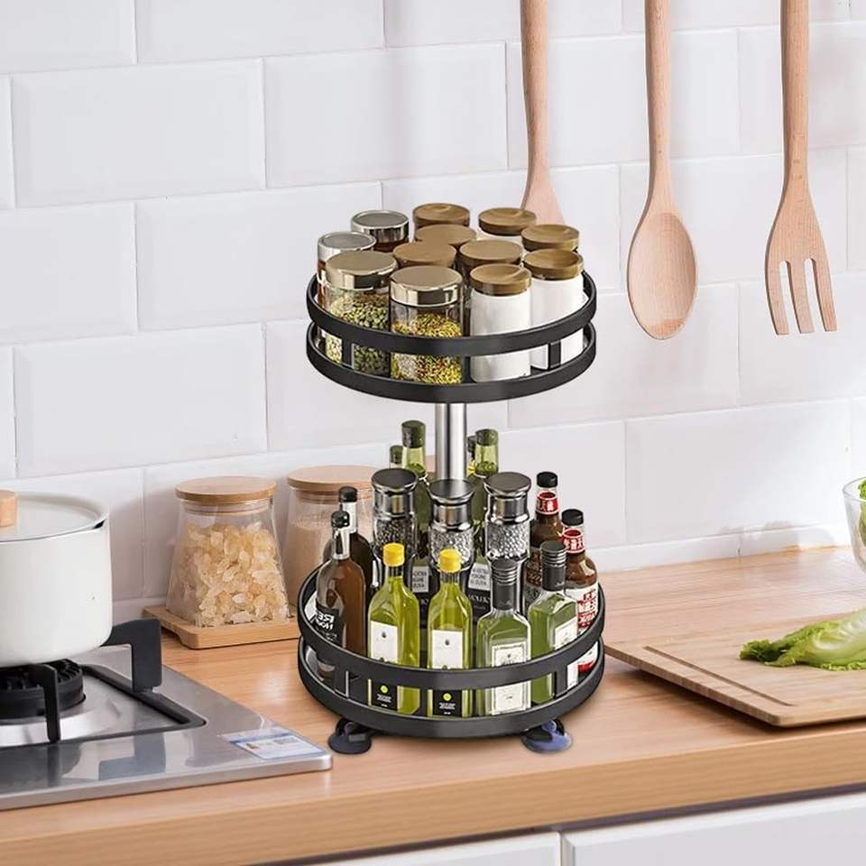 3-Tier Rotating Metal Kitchen Spice Rack, Spice Glass Organizer for Kitchen Accessories