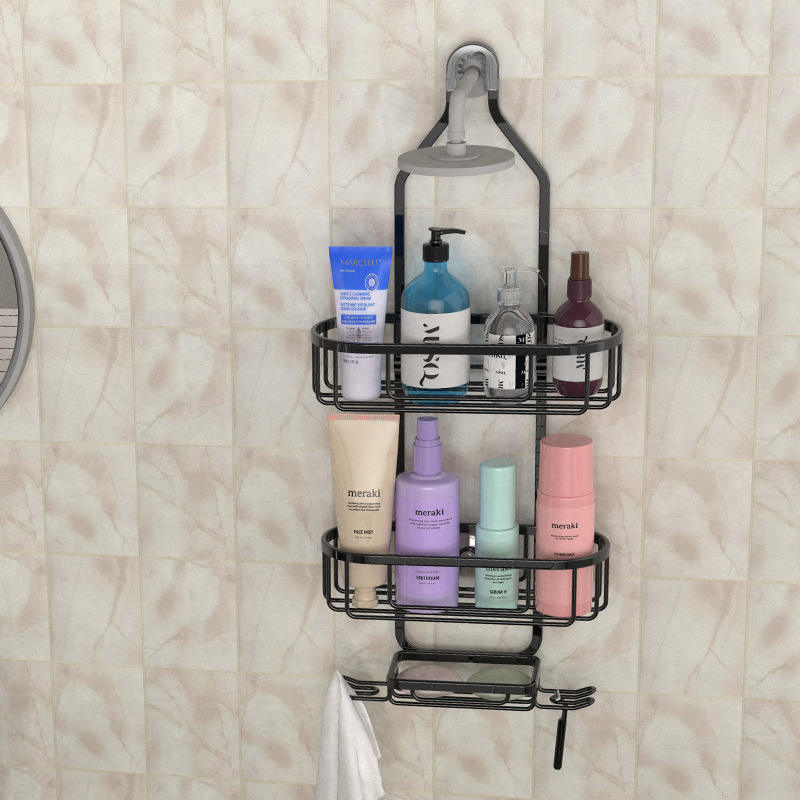 Aluminum Wall Self-Adhesive Shelves Bathroom Organizer Rack with Hooks