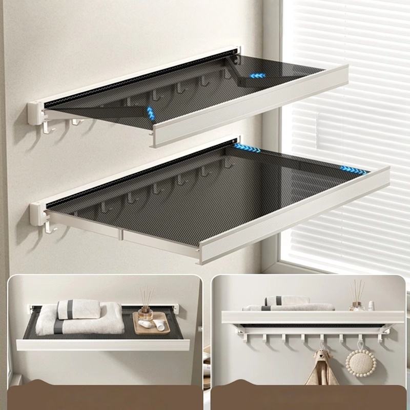 Foldable and Telescopic Bathroom Shelf No-Drill Storage Solution for Bathroom Clothing Invisible Towel and Bath Towel Storage Shelf