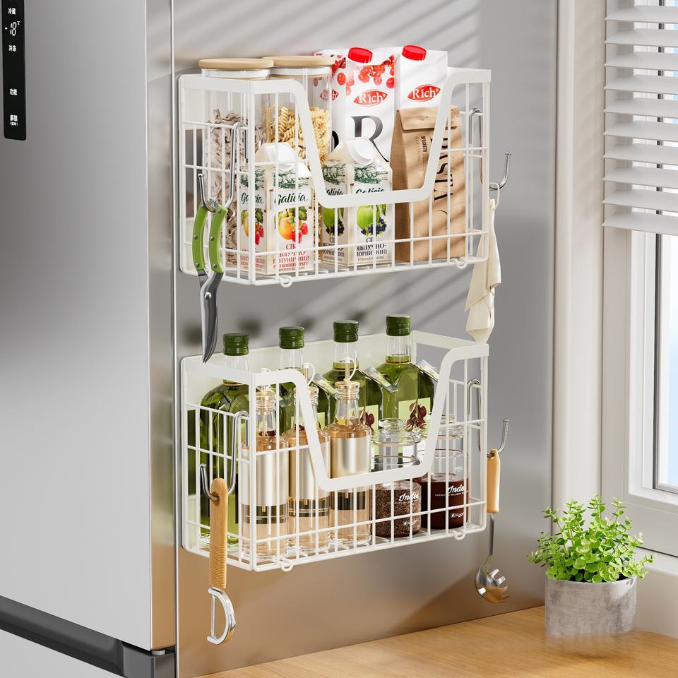 Magnetic Fridge Hook Foldable Refrigerator Side Shelf Wrap & Condiment Storage Basket Kitchen Magnetic Shelf