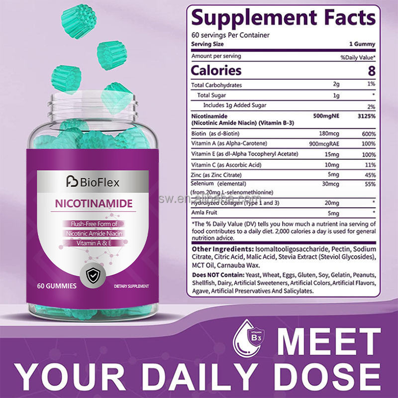 OEM Flush Free Nicotinamide Niacin Gummies with Vitamin A B3 E for Skin Health