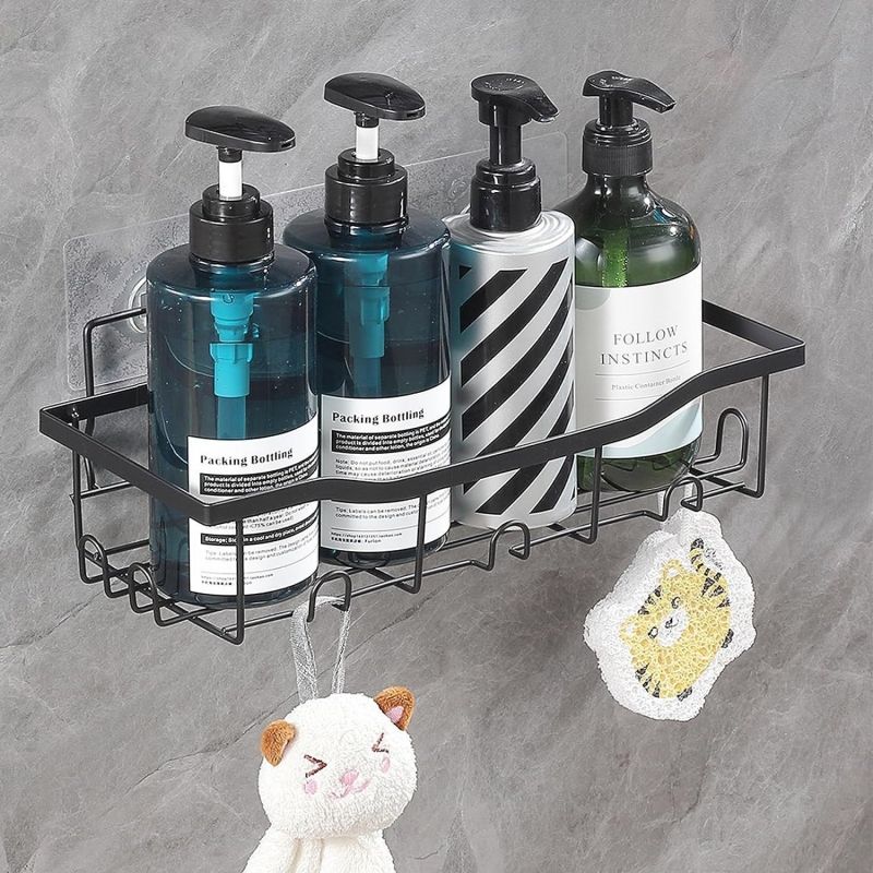 5-Piece Bathroom Wall Shelf Set, Black Metal Self-Adhesive Storage Rack for Bath, Kitchen, and Shower