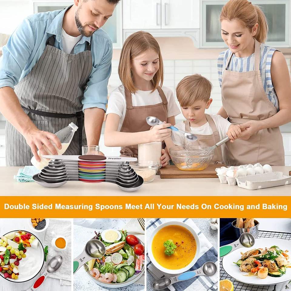 Double-Ended Magnetic Measuring Spoon Set, 9-Piece Black Handle Stainless Steel Dual-Sided Leveler for Cooking Baking