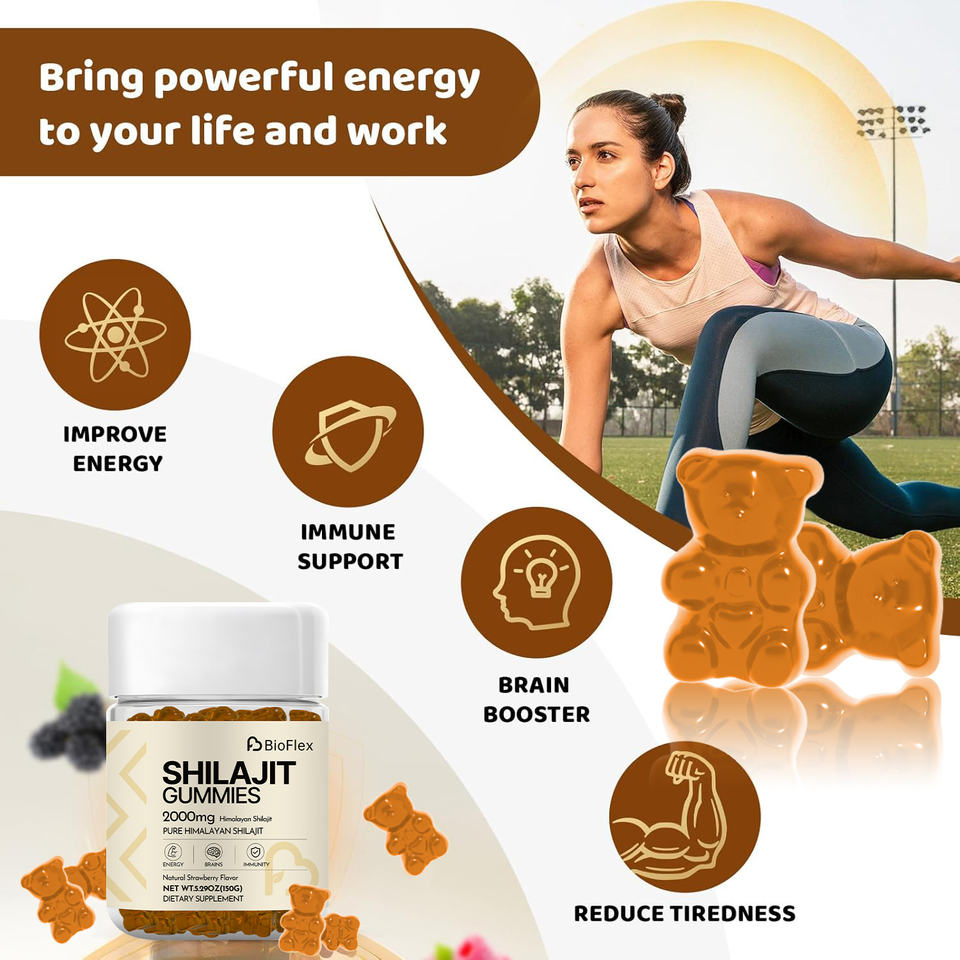 BioFlex Organic Pure Himalayan Shilajit Gummies for Men and Women - Calcium, Zinc, Selenium Supplement for Energy & Immune Support