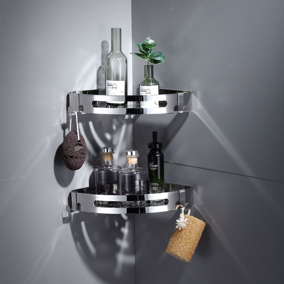 Stainless Steel Bathroom Shower Corner Shelf Caddy with 2 Hooks Wall Mounted Bath Rack