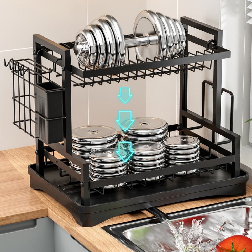 Modern 2-Tier Single Bowl Kitchen Sink Rack Dish Storage Top Flap