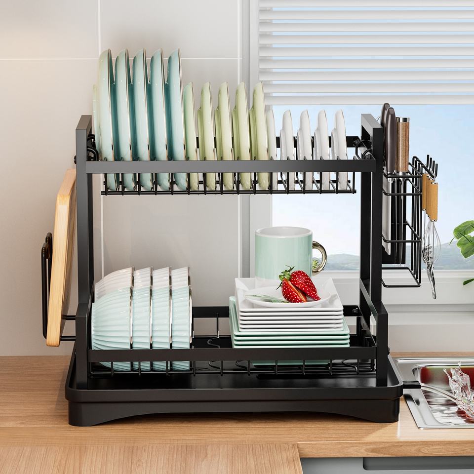 Modern 2-Tier Single Bowl Kitchen Sink Rack Dish Storage Top Flap