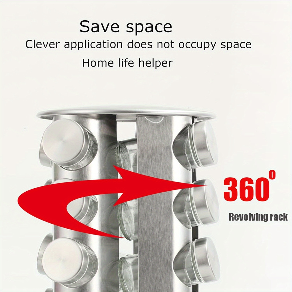 Rotating Glass Spice Rack with Stainless Steel Base for Kitchen Organization