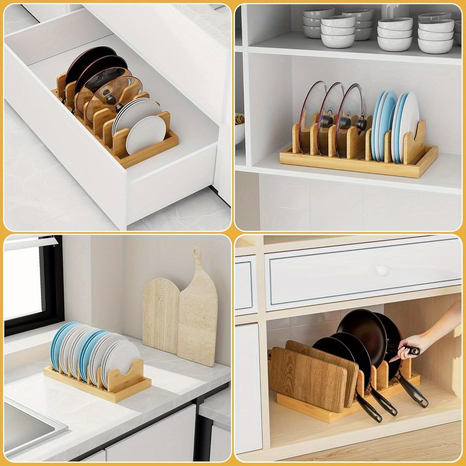 Bamboo Pot Lid Storage Rack for Kitchen, Used for Pot Lids, Pots, Cutting Boards, Kitchen Drawer Storage Solution