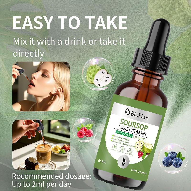 OEM Private Label 60ml Natural Vegan Soursop Graviola Extract Liquid Drops Dietary Supplement with Multi Vitamins B6 C & D3
