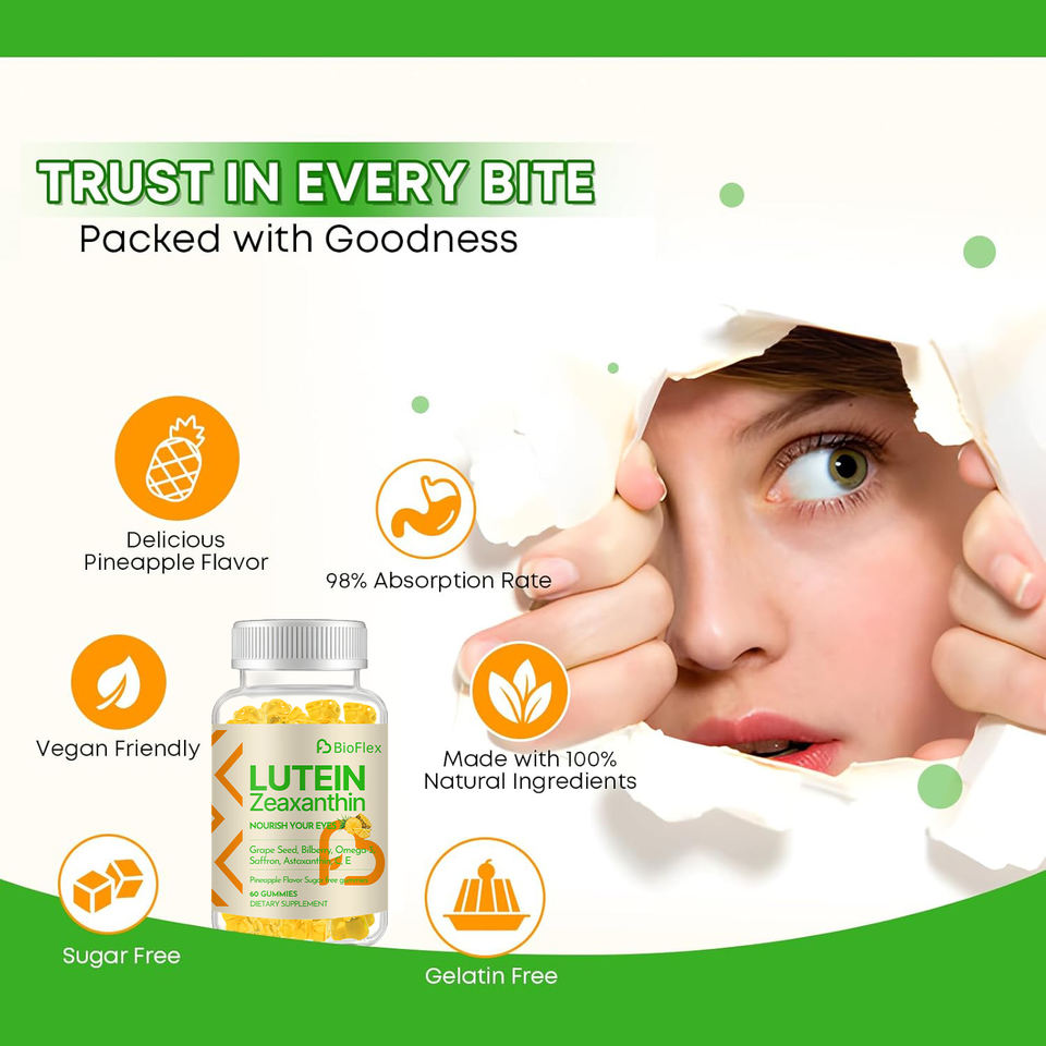 BioFlex Sugar-Free Halal Organic Lutein Zeaxanthin Vitamin C & E Eye Health Gummy Supplements