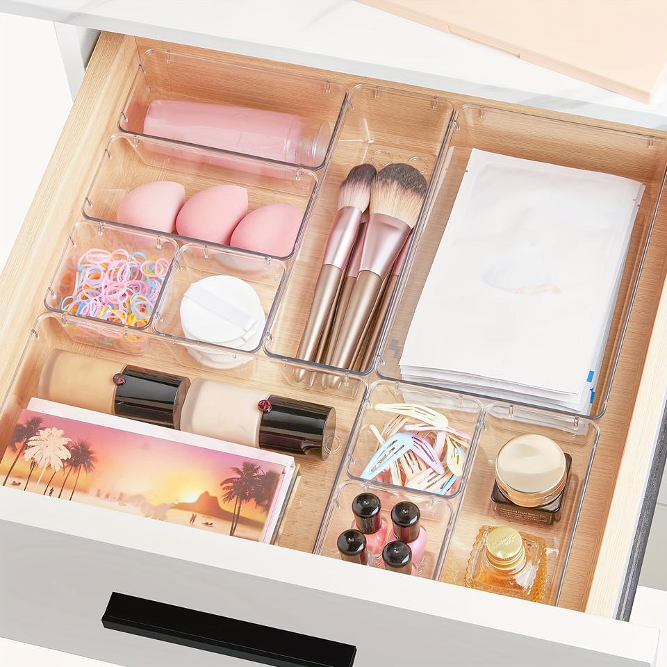 Multifunctional Transparent Drawer Organizer Set - 6/13/28 Pieces in 4 Sizes for Makeup/Jewelry/Office/Bathroom