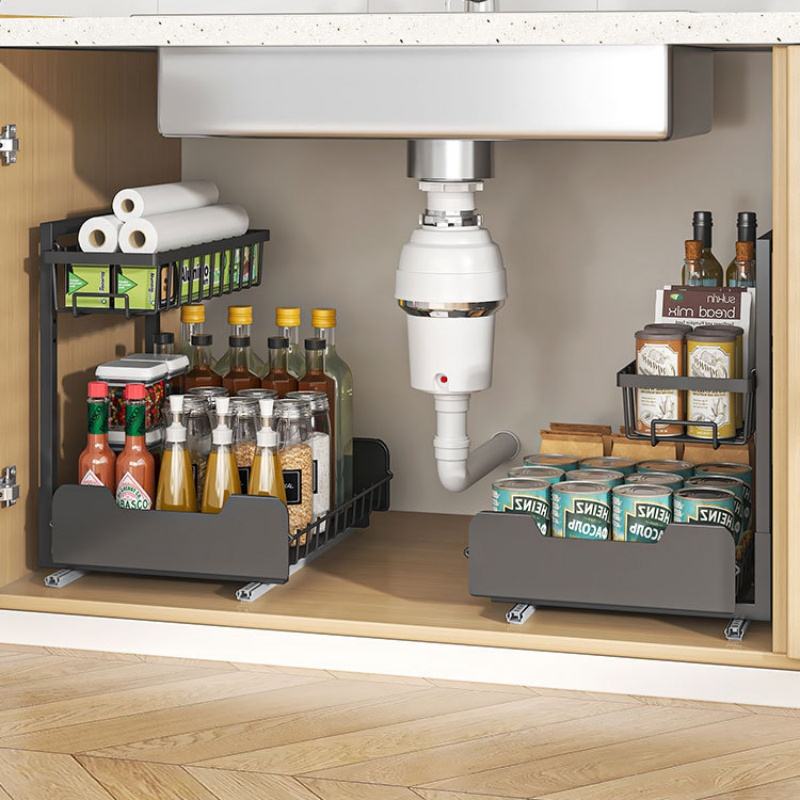 2-Tier Non-Perforated Metal Spice Rack Organizer Stand Storage Box for Kitchen Bathroom Pull-Out Spice Storage