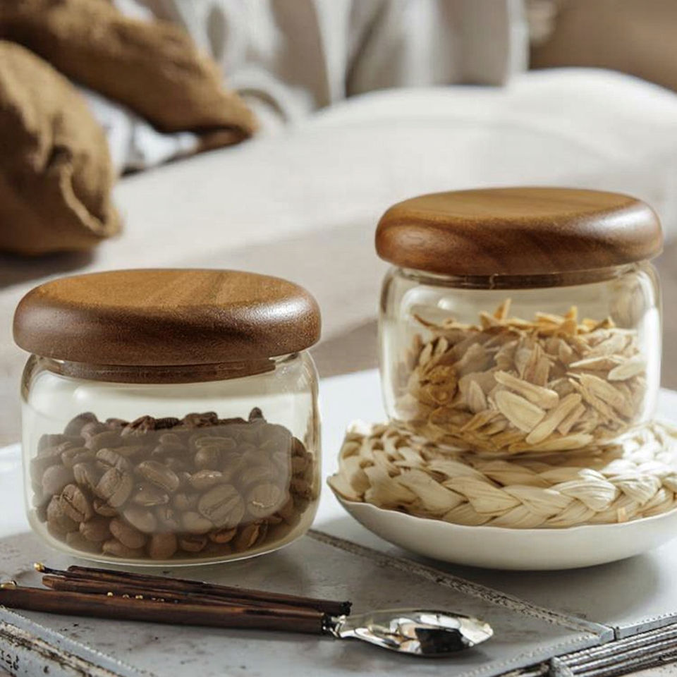 Glass Storage Jar with Wooden Lid, 300ml Coffee Beans Container