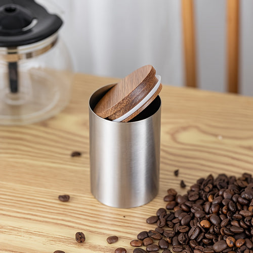 304 Stainless Steel Sealed Glass Grain Japanese Style, Coffee Beans, Tea Storage Jars with Wooden Lid