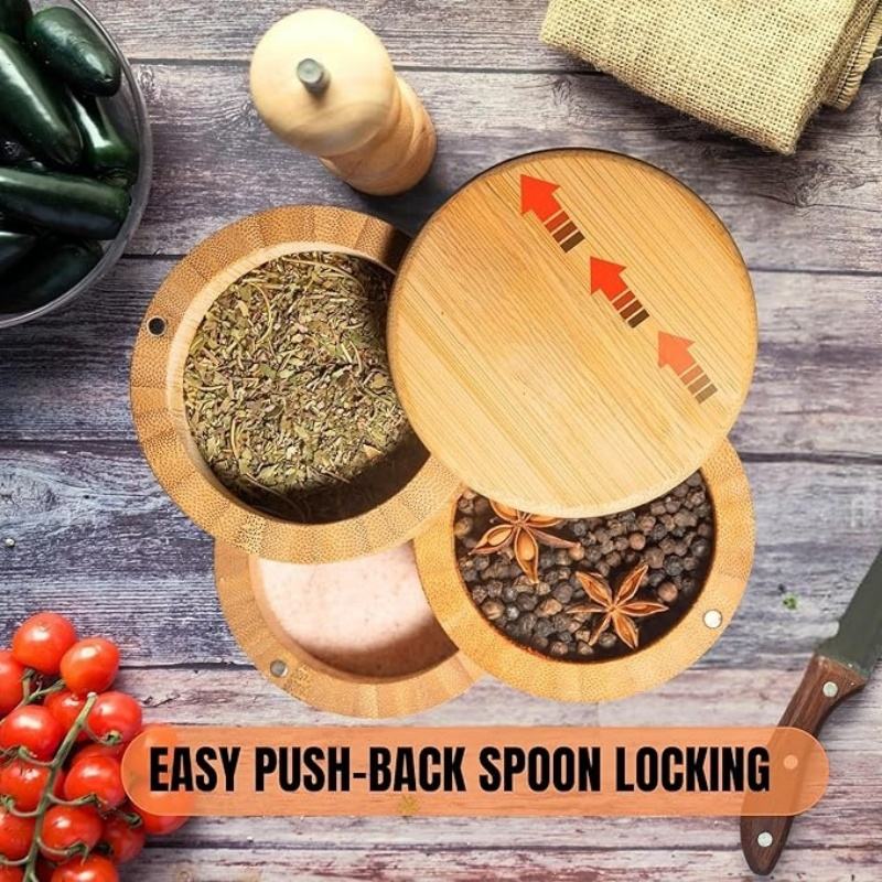 Bamboo Kitchen Salt and Pepper Organizer with Magnetic Swivel Lid for Storing Pepper Spices