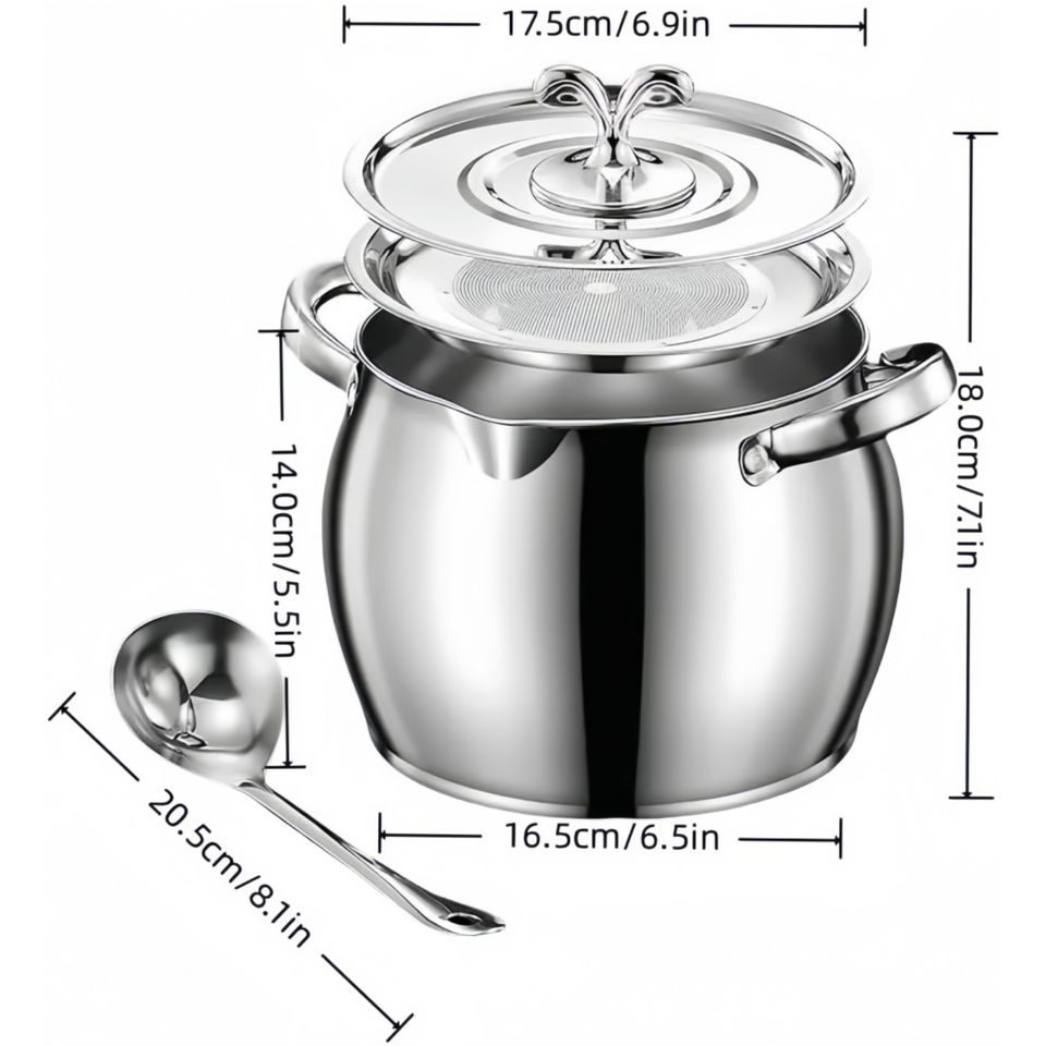 Stainless Steel Kitchen Sieve Pot with Large Capacity and Removable Fine Mesh, Double-Handled for Grease Bacon Fat Storage Slard Ghee
