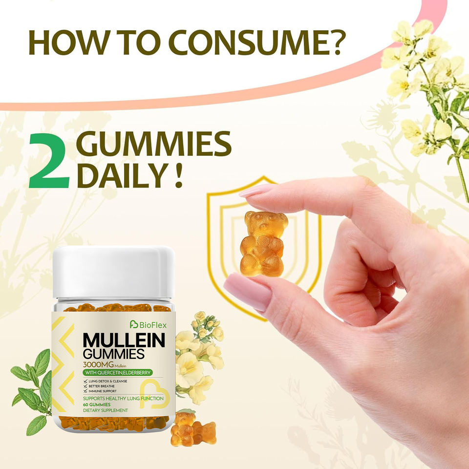 Bioflex OEM 3000mg Mullein Leaf Extract Gummies - Immune Support Respiratory-Lung Cleanse Natural Vegan Mullein Gummies for Lungs
