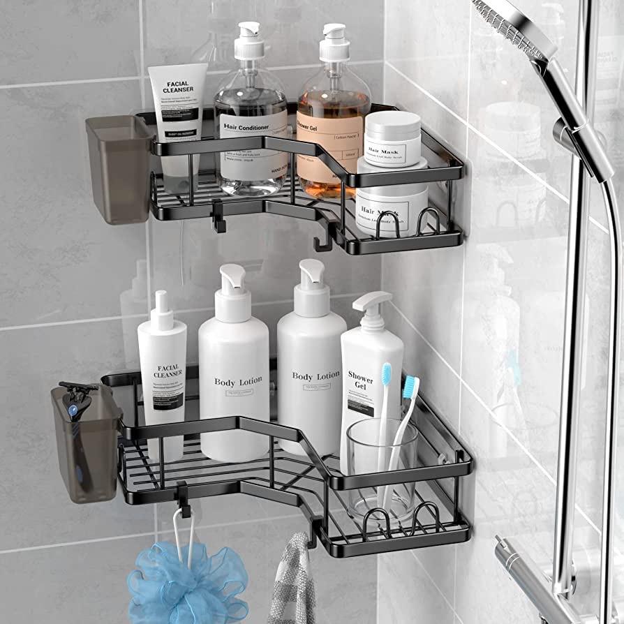 Stainless Steel Bathroom Corner Shelf Organizer Towel Holder Shower Caddy with Hooks Accessory Set