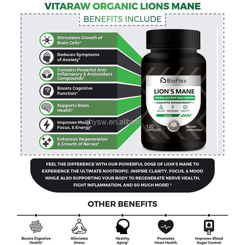 OEM Wholesale Vegan Organic 2400mg Lions Mane Mushroom Black Pepper Powder Capsules Herbal Extract Adult Bulk Private Label