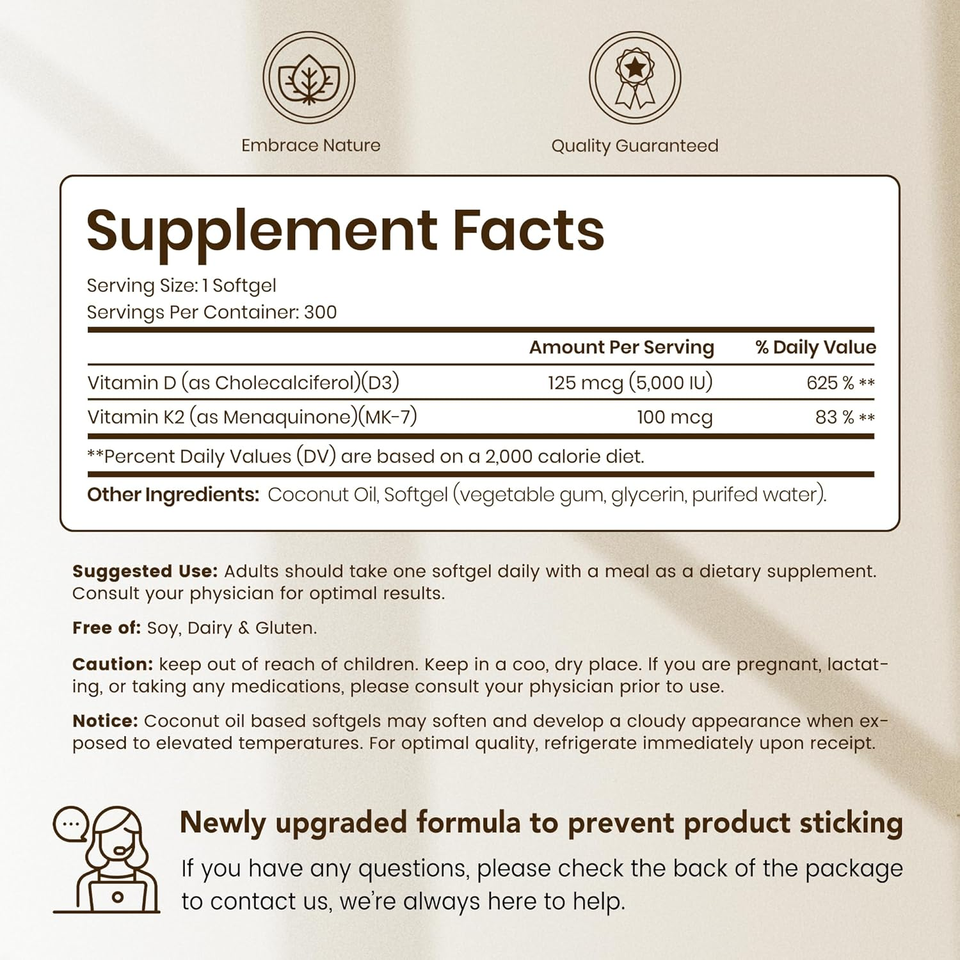 BioFlex High-Quality 2-in-1 Extra Strength Formula Vitamin D3 5000 IU & 100mcg K2-MK7 Softgel Supplement with Coconut Oil