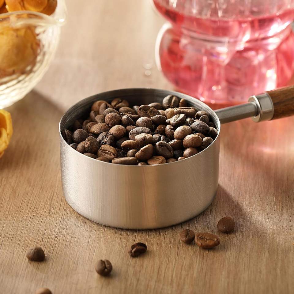 Stainless Steel Coffee Measuring Cup and Spoon Set with Wooden Handle for Dry and Liquid Ingredients